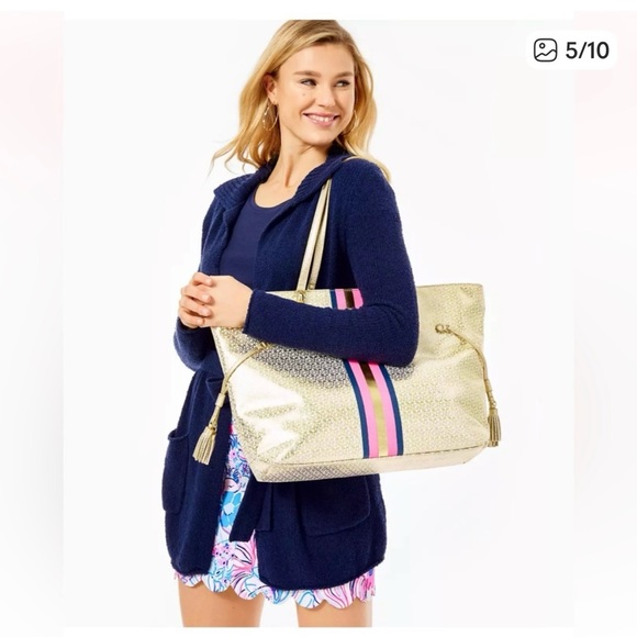 Lilly Pulitzer Gold Tote with Pink and Blue Stripes - Picture 6 of 10